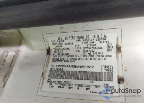 1992 Ford F150 z USA, uszkodzony, nr VIN 1FTEX14N2NKB94927